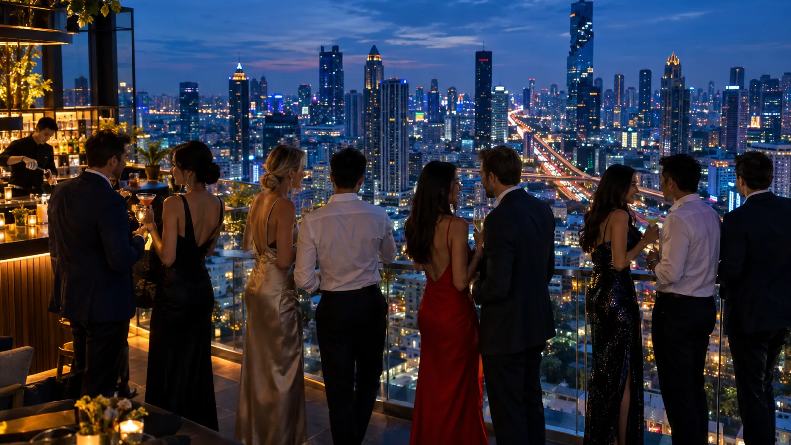 A rooftop in Bangkok at blue hour with a group at the rail