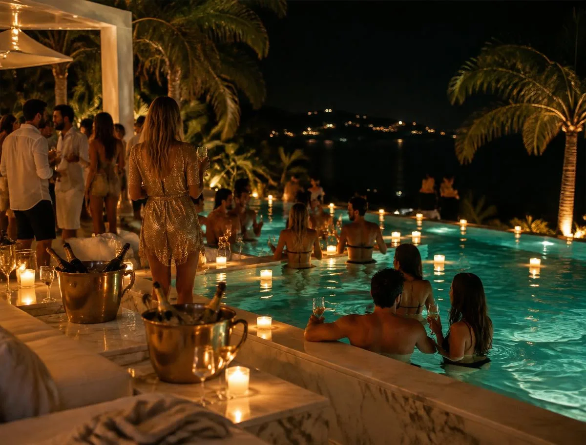 A lit infinity pool at a resort villa at night with a dozen friends in and around the water
