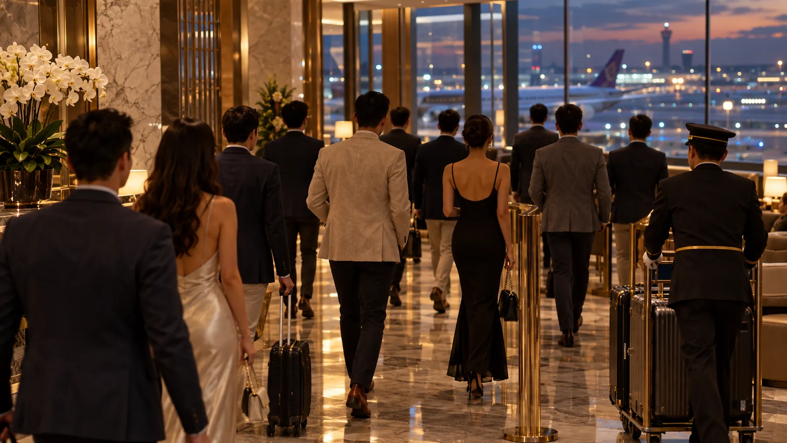 A group in a fast-track arrivals lounge in the evening