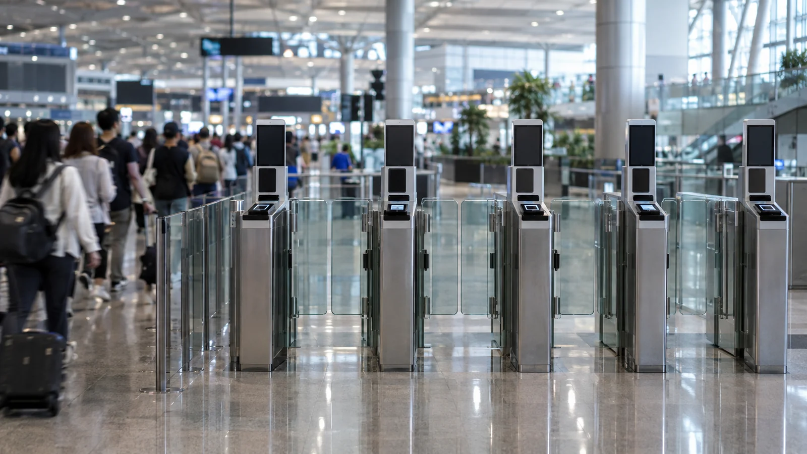 A row of five automatic passport gates standing idle in an airport immigration hall