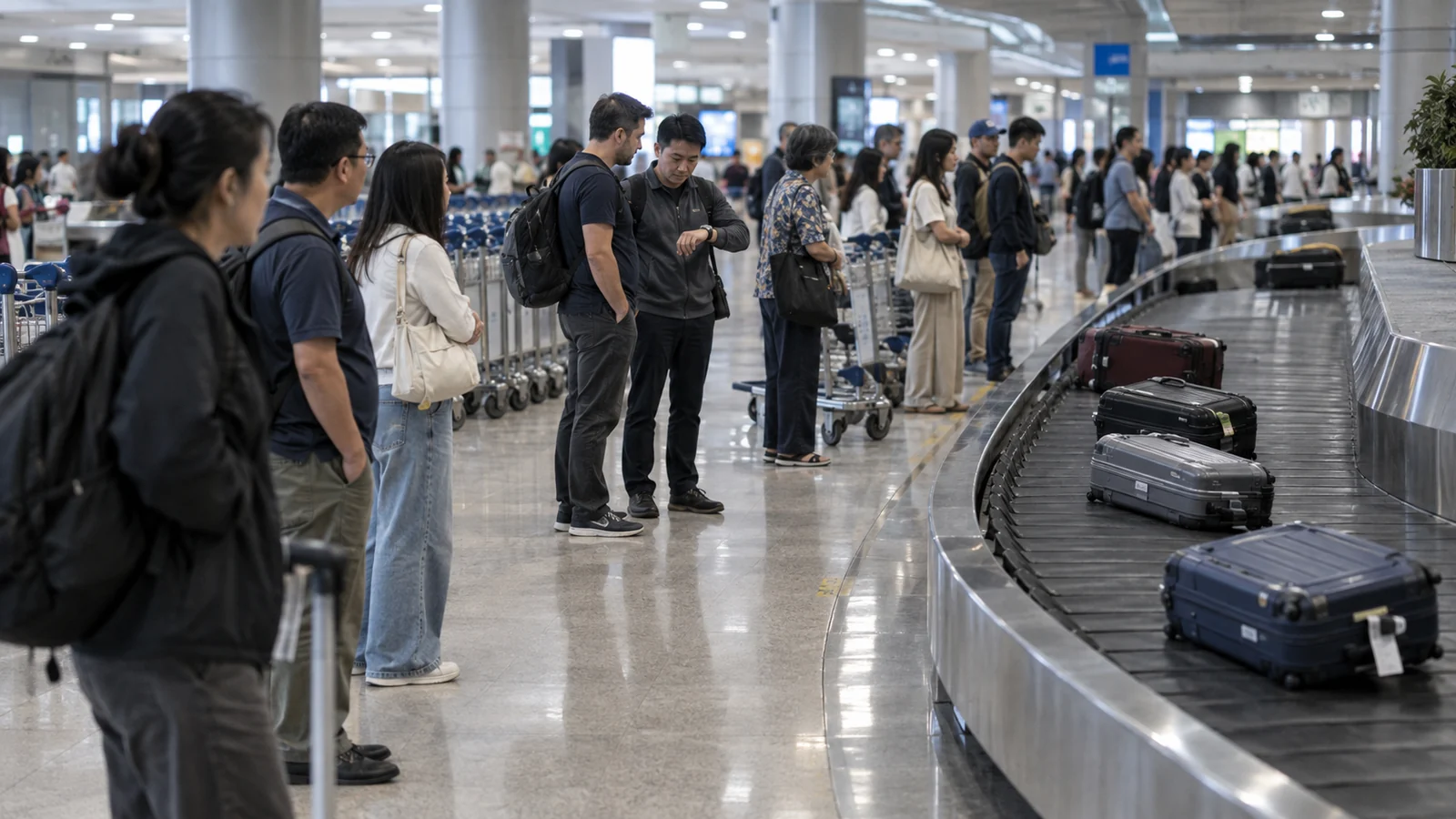 Passengers spread along a baggage carousel watching a handful of suitcases go past