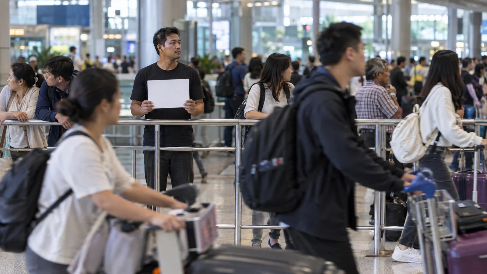 A driver holding a blank card waiting at the arrivals barrier as passengers walk past