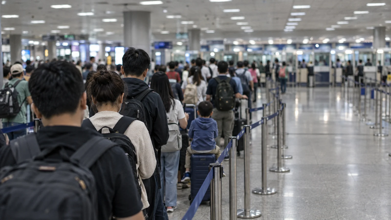 A long queue of arriving passengers between belt barriers in an airport immigration hall