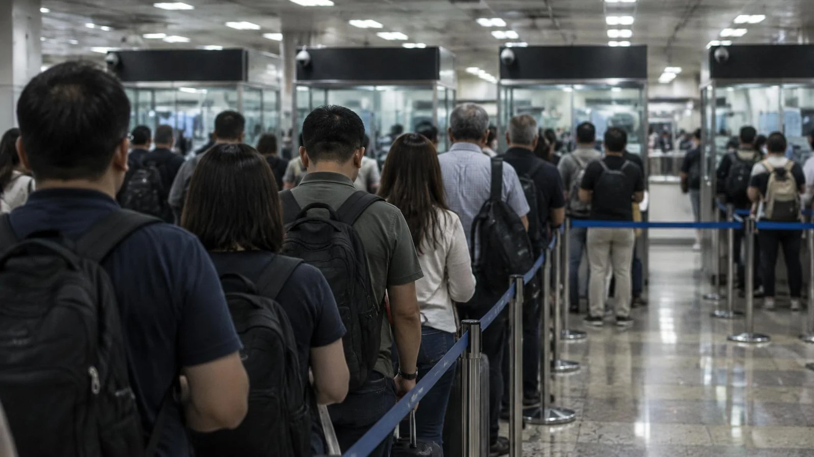 A row of manual passport counters with a long queue of arriving passengers