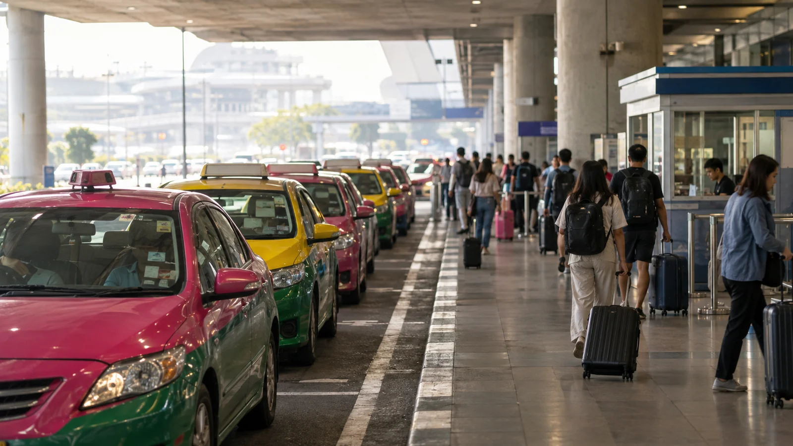 A line of pink, green and yellow Bangkok taxis at the airport kerb under a concrete overhang