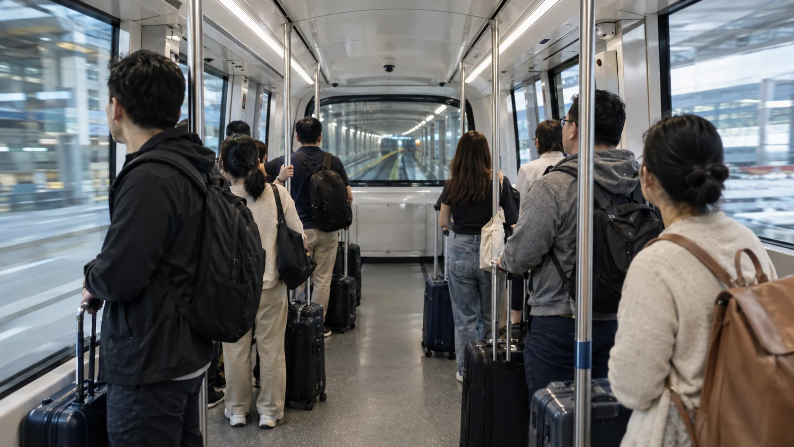 Passengers standing with cabin bags inside a driverless airport shuttle train