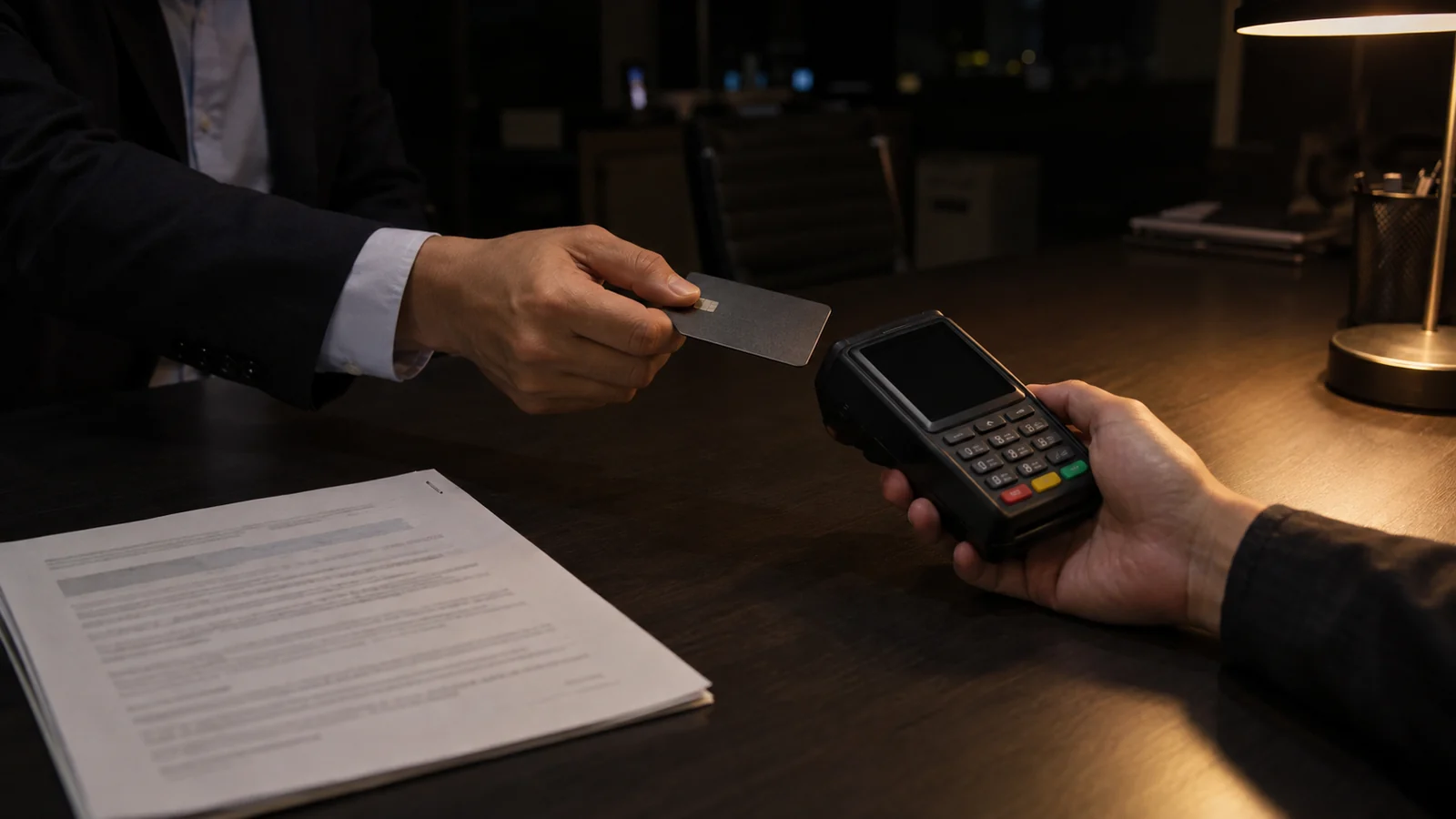 A card being handed across a desk to confirm a booking, quote visible alongside