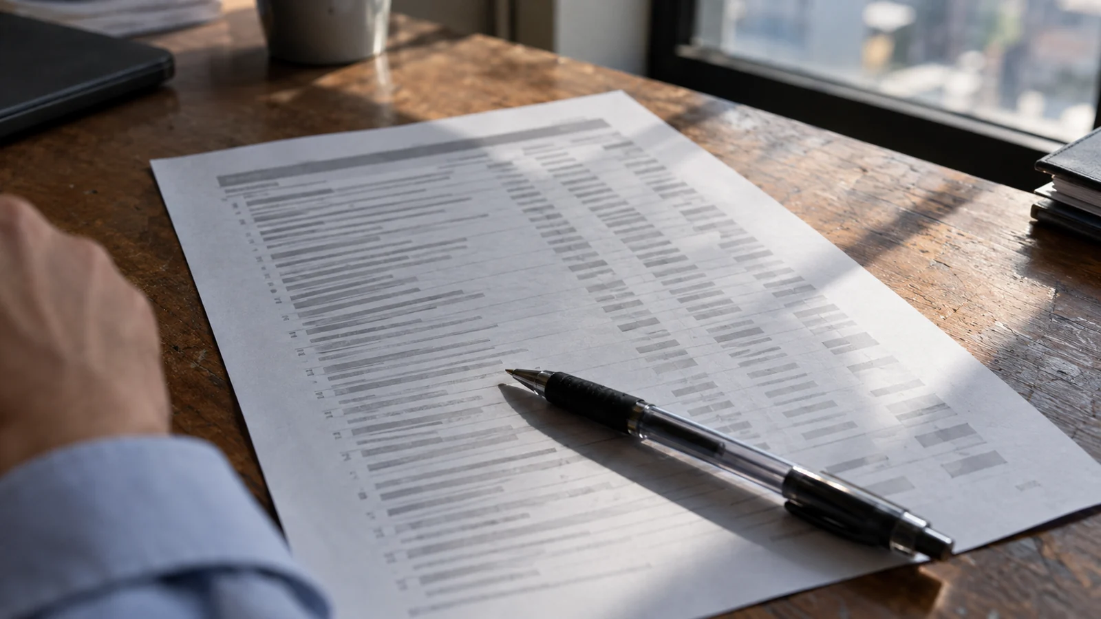 An itemised invoice on a desk with a pen resting on the pass-through lines