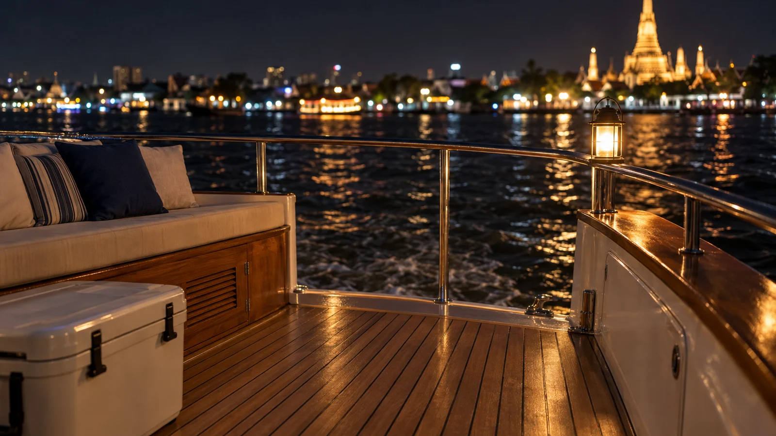The open teak rear deck of a small private charter boat on the Chao Phraya river at night, with a lantern on the rail and a lit temple spire on the far bank