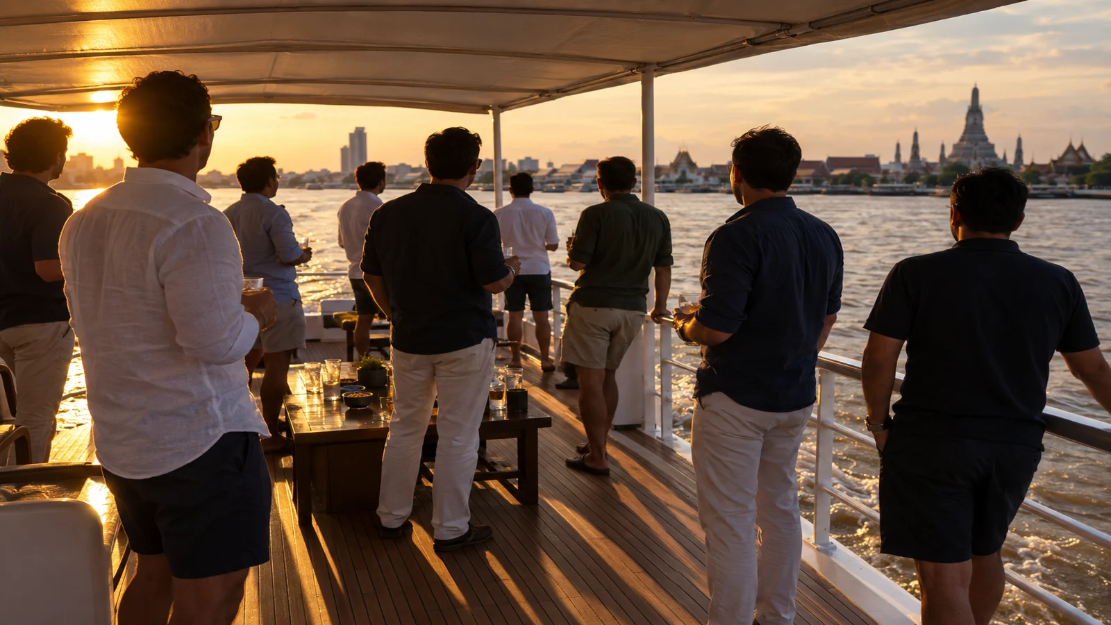 A group of men on the open deck of a private charter boat on the Chao Phraya river in Bangkok in late afternoon light