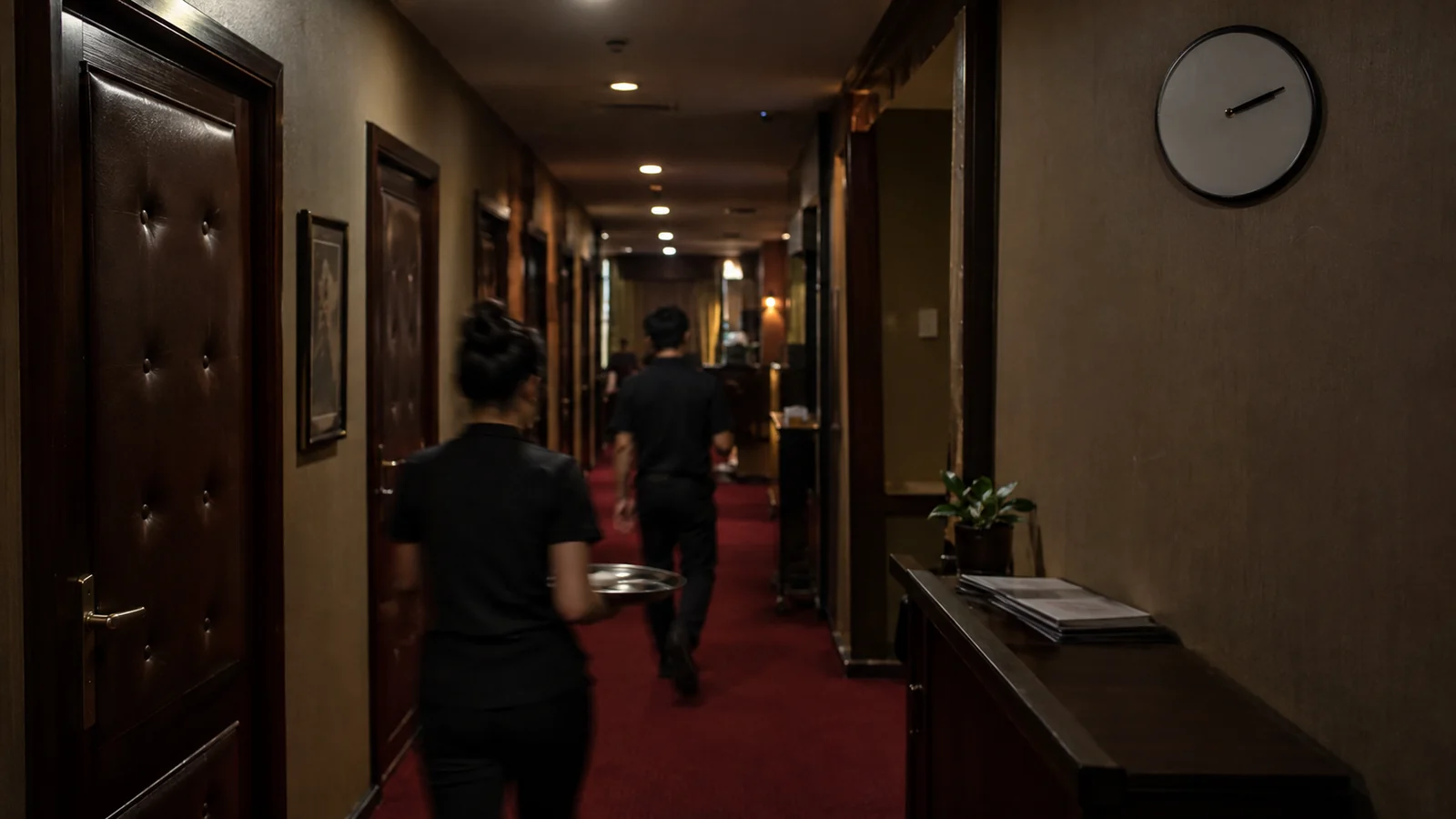 A wall clock past 2am in a club corridor, staff moving in the background