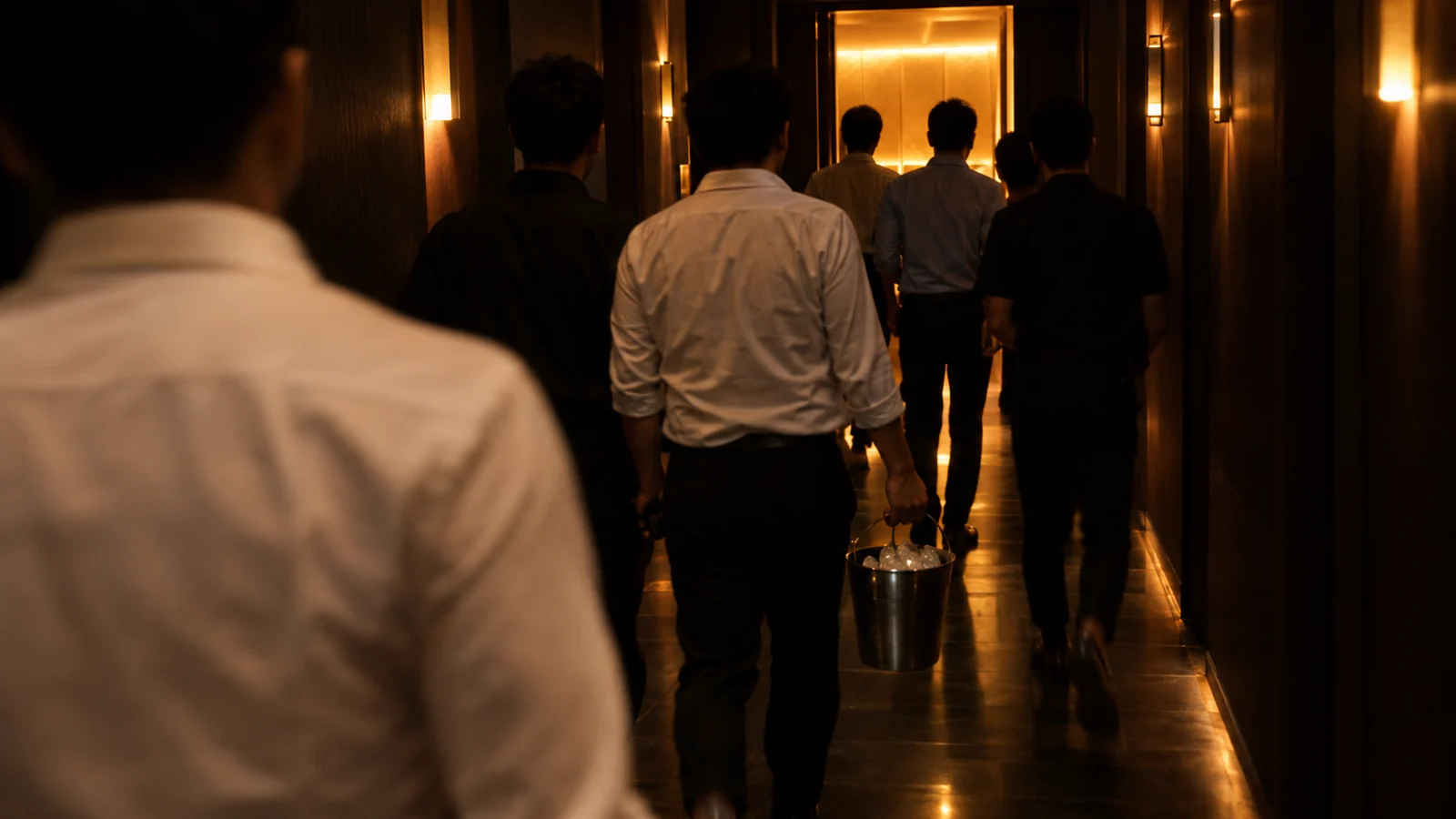 A group of men walking away from camera down a dim club corridor towards a lit private-room doorway, one carrying an ice bucket