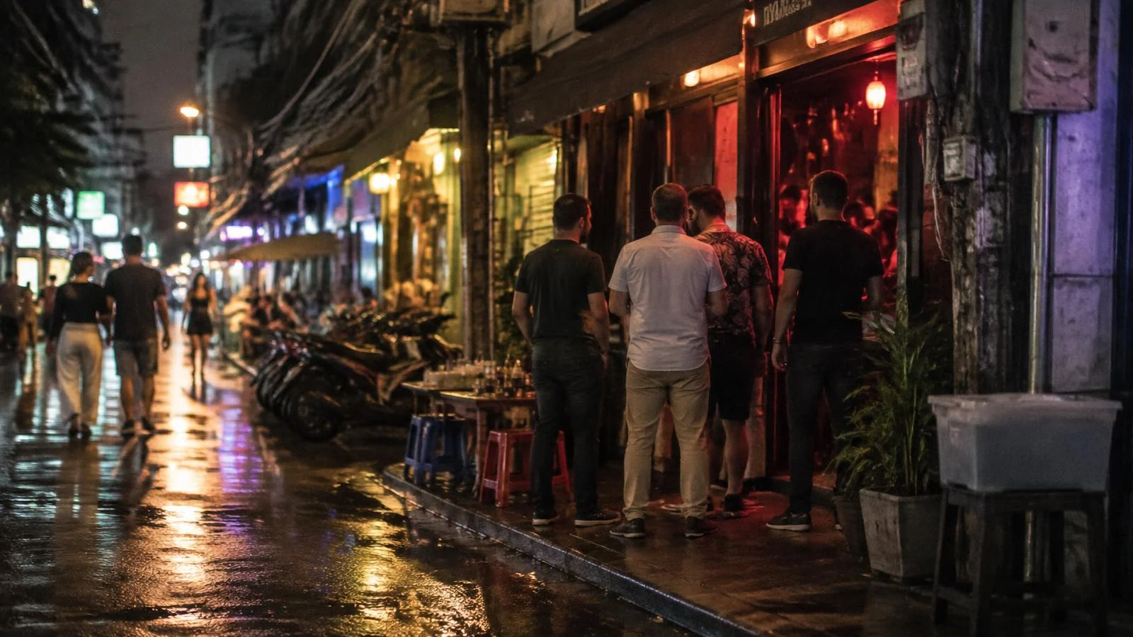 A small group of men at a lit club doorway on a Bangkok street at night