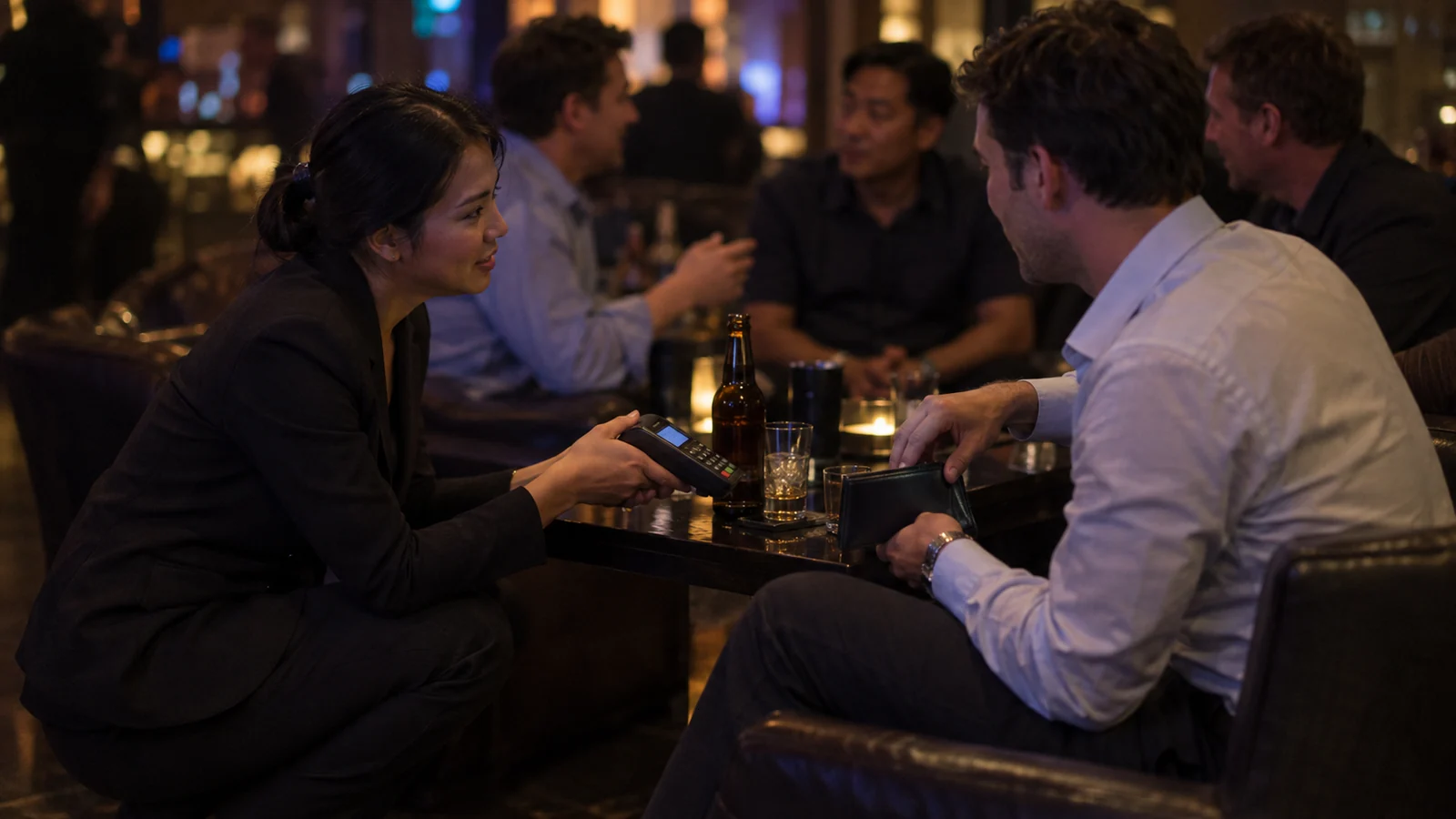 A host in a dark blazer crouching beside a nightclub table holding a card terminal towards a seated guest reaching for his wallet