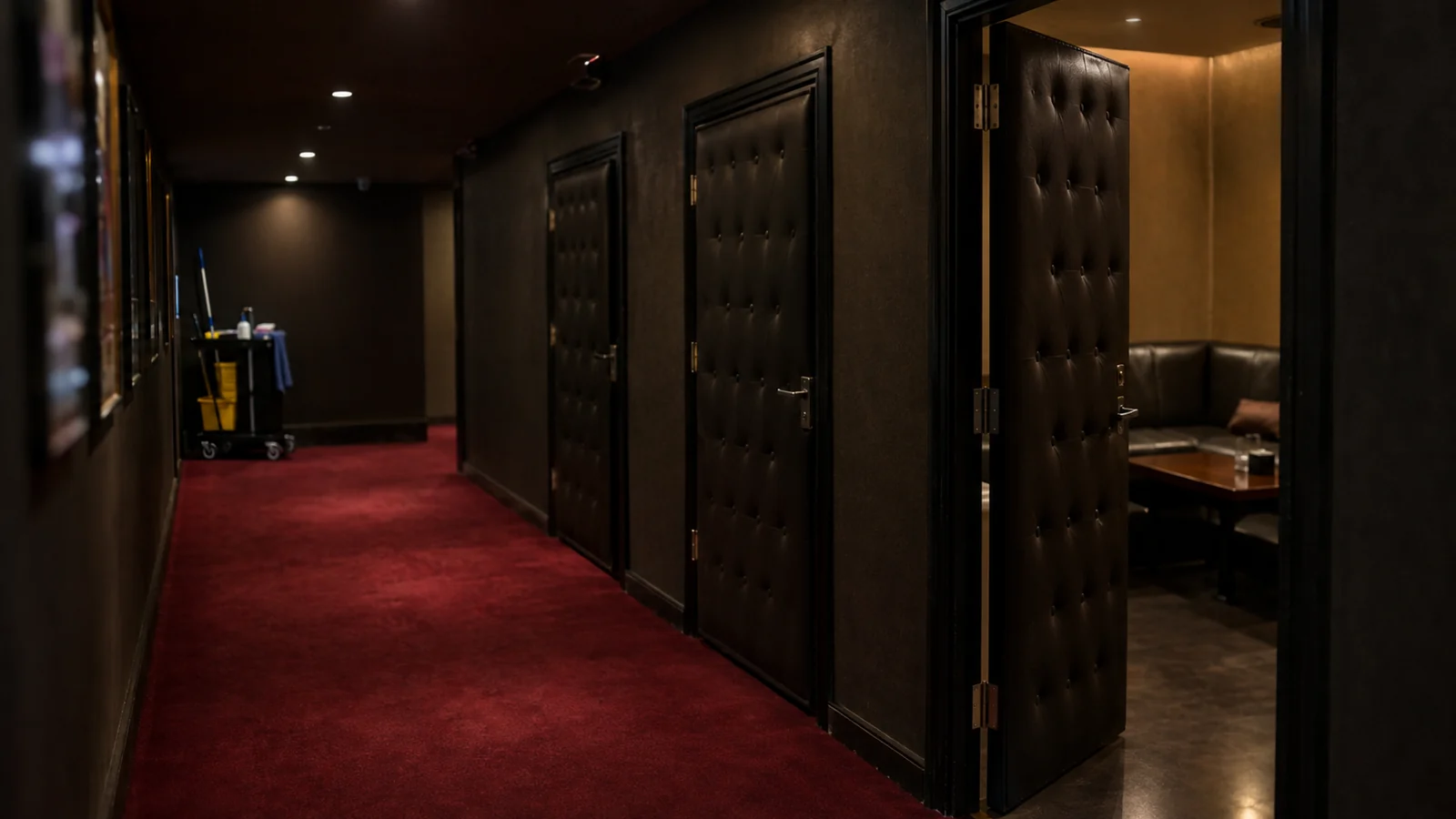 A dark corridor of padded private-room doors inside a Bangkok entertainment venue, one door half open onto a small lit room