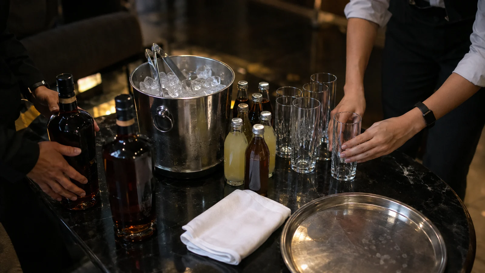 Bottles, a steel ice bucket, tall glasses and mixers being set down on a low black nightclub table