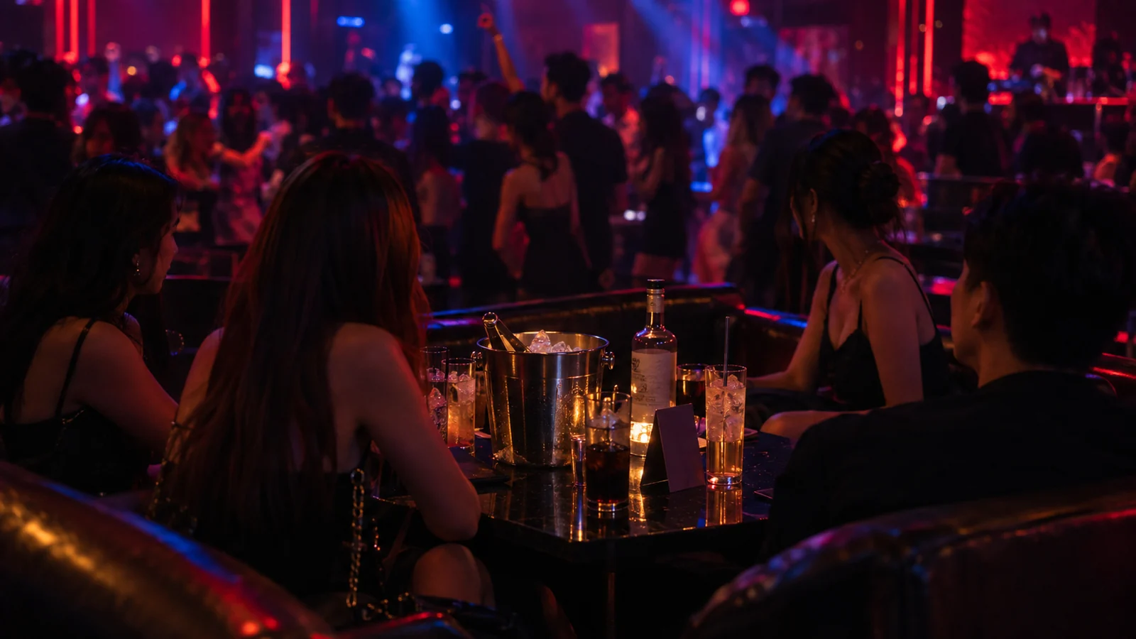 A reserved banquette table with ice bucket and glasses inside a busy Bangkok nightclub at night