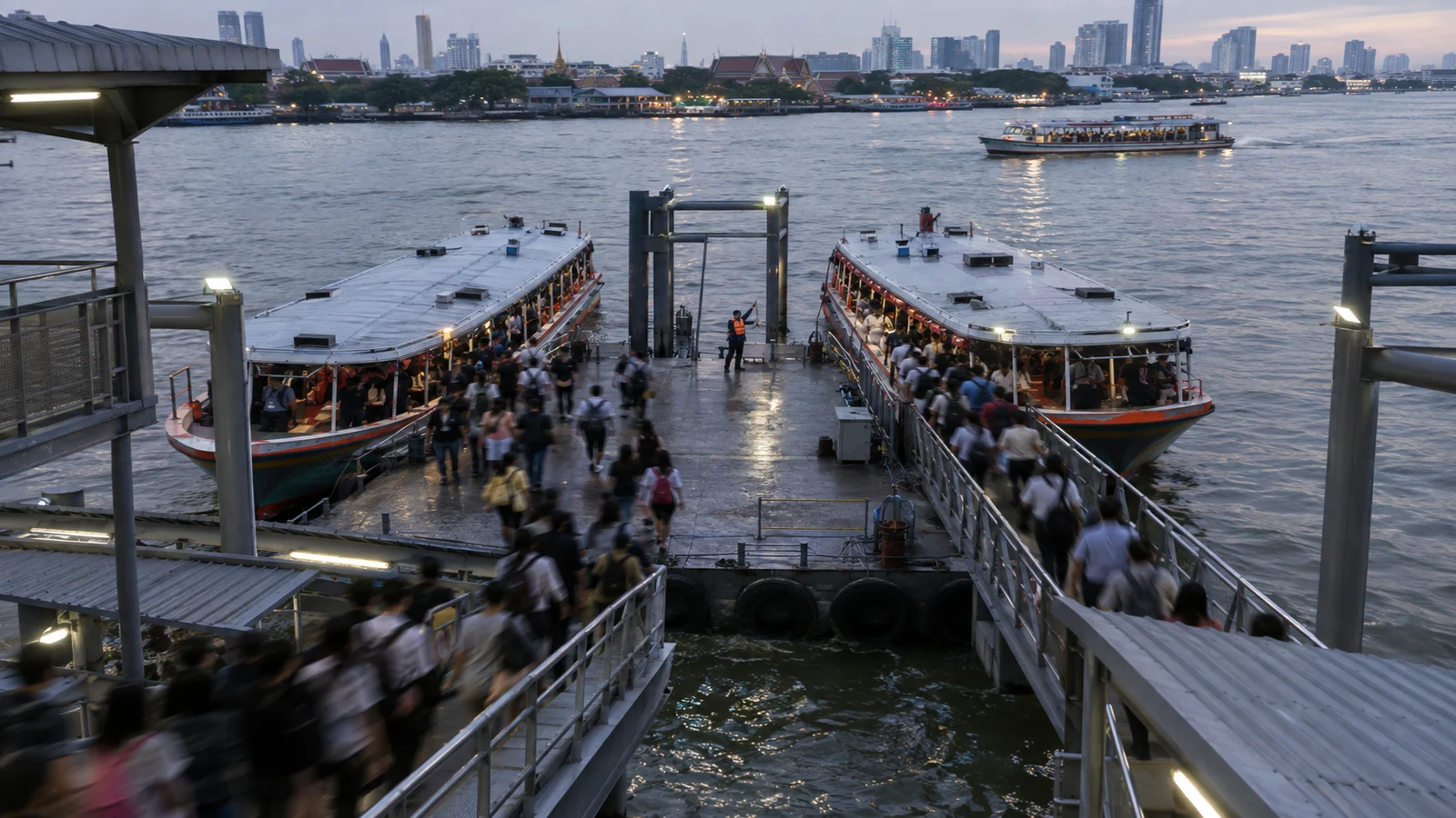 A Bangkok commuter river pier crowded with passengers at half past five in the evening