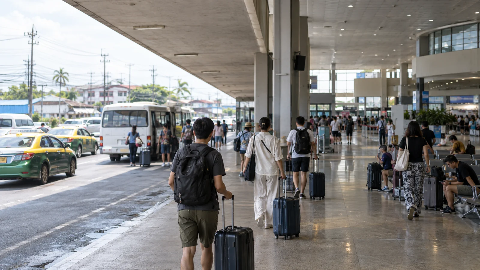 The plain low-rise kerb of Bangkok Don Mueang airport in the early afternoon