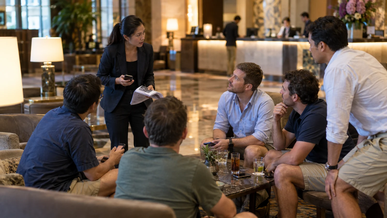 An event host standing with a small group of men in a Bangkok hotel lobby, going through the plan for the evening