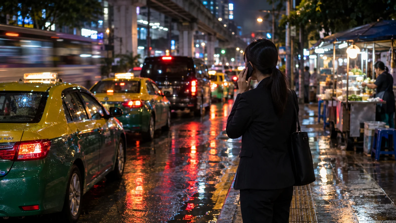 A host in a dark blazer standing at a wet Bangkok kerb after midnight on the phone, with taxis and a black van waiting behind her