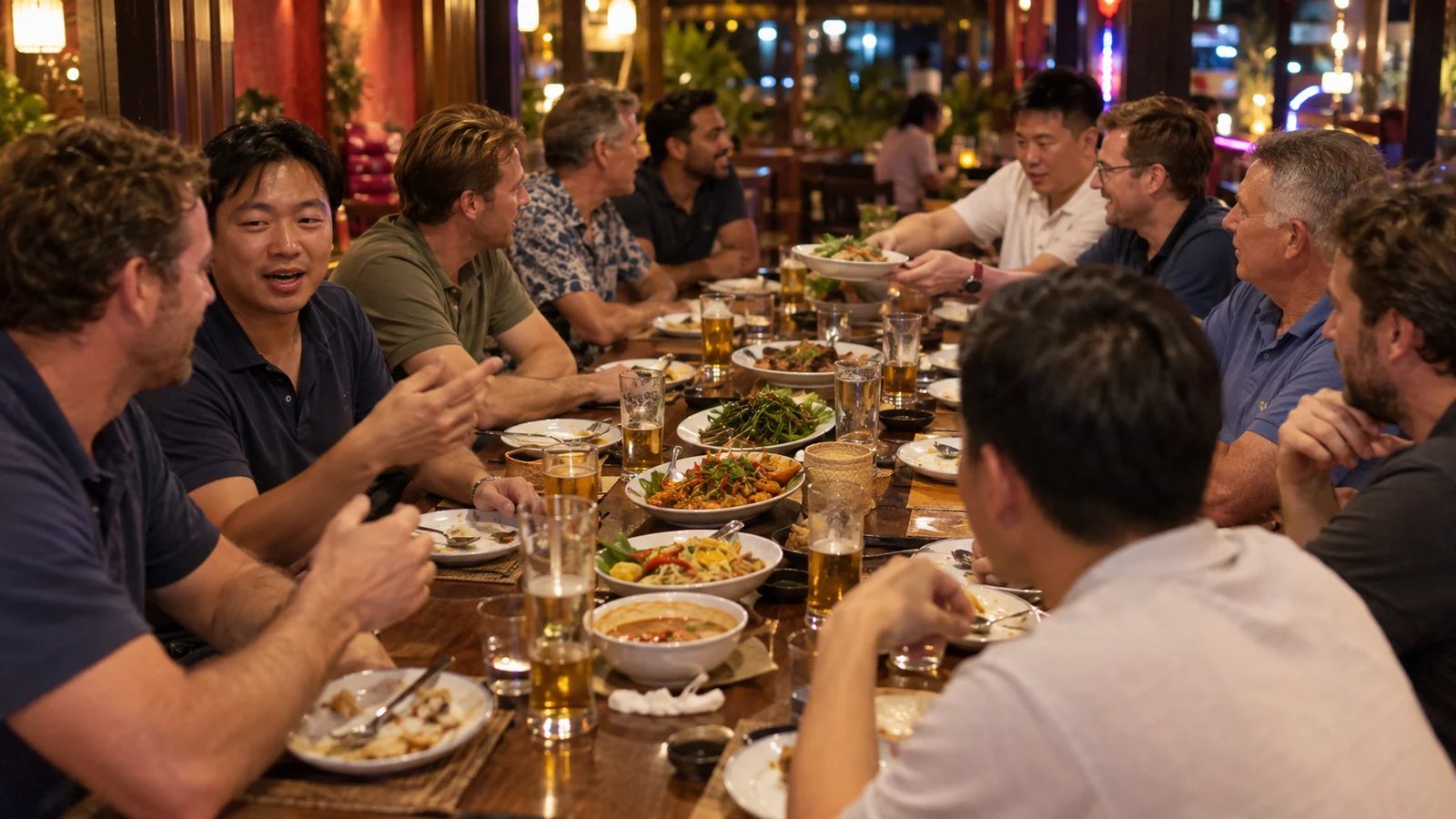 Twelve men of mixed nationality at a long dinner table in Bangkok in the early evening