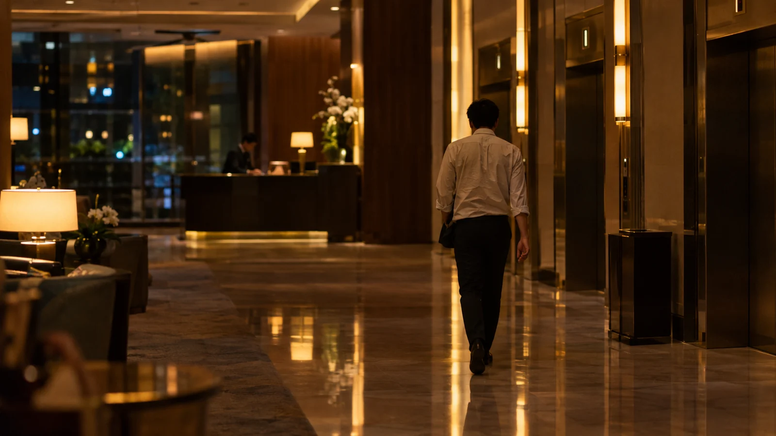 A quiet hotel lobby at four in the morning, one man in a crumpled shirt walking towards the lifts