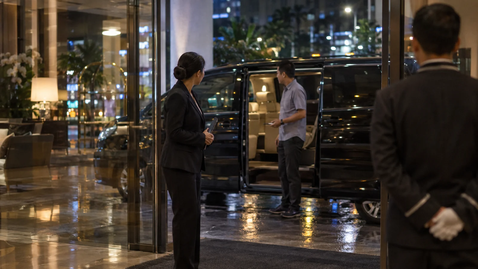 A host standing inside the glass doors of a Bangkok hotel lobby at night, speaking to a driver beside a black people-carrier van with its door open