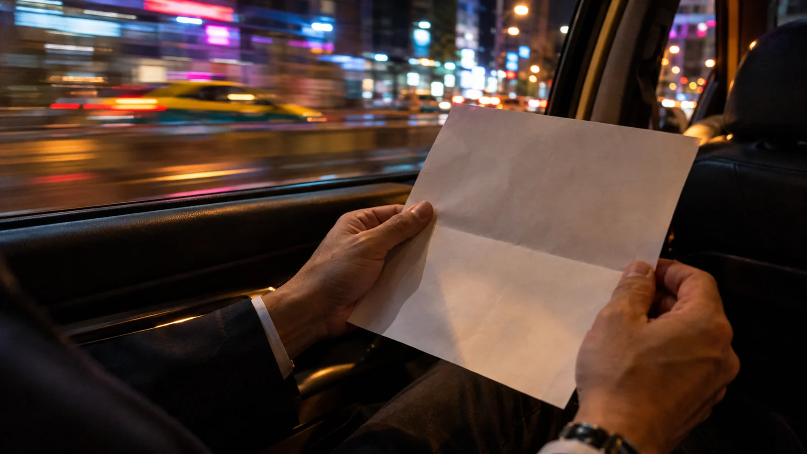 A man's hands holding a folded sheet of paper in a moving vehicle at night with city lights streaking past