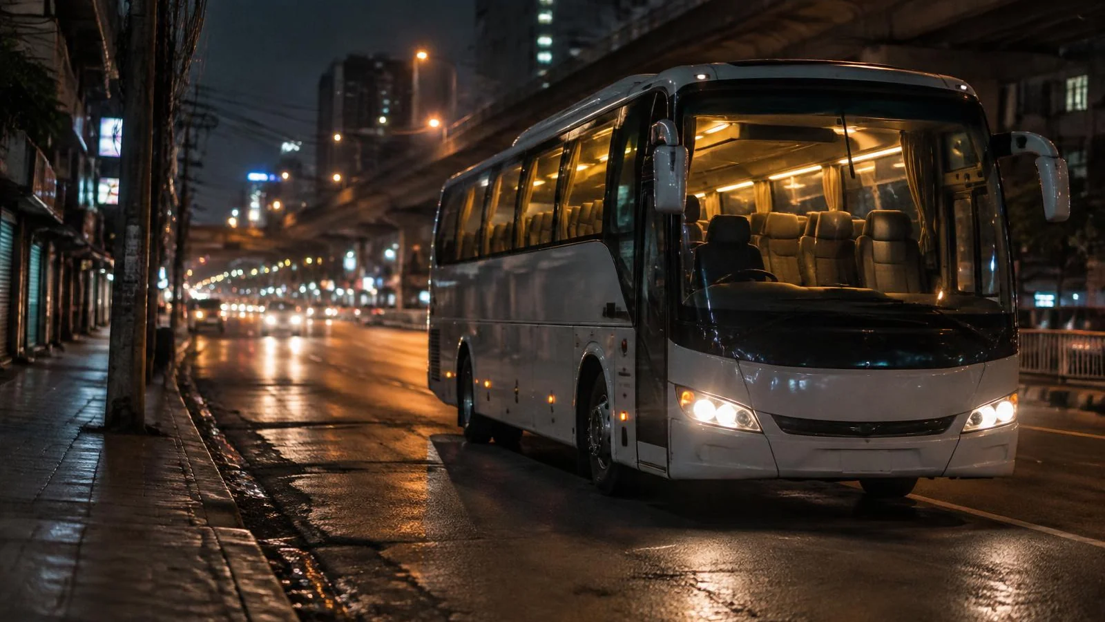 A large coach parked on a main Bangkok road at night with its interior lights on