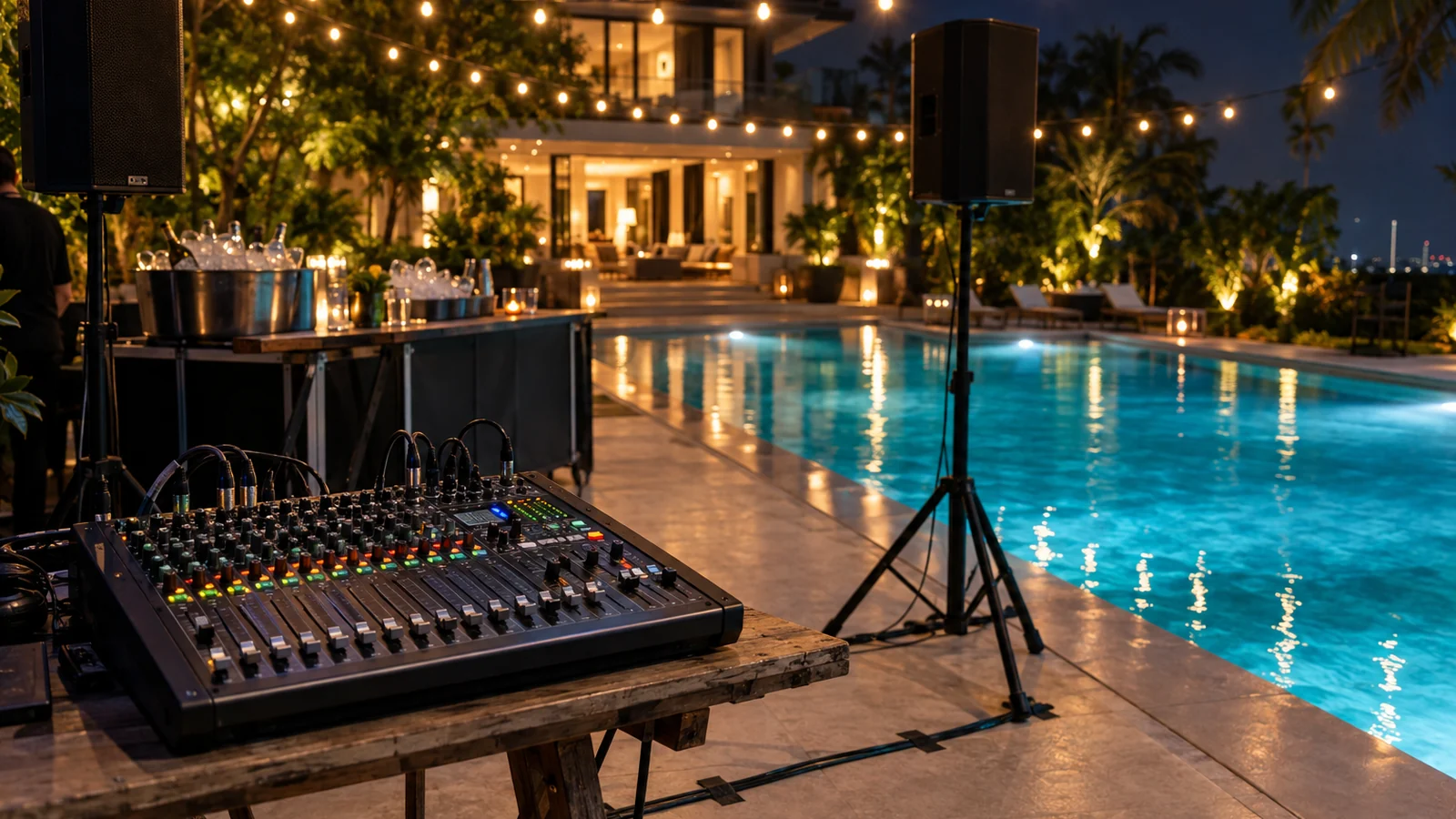 The poolside terrace of a private party villa near Bangkok rigged with speakers on stands, a mixing desk and festoon lighting