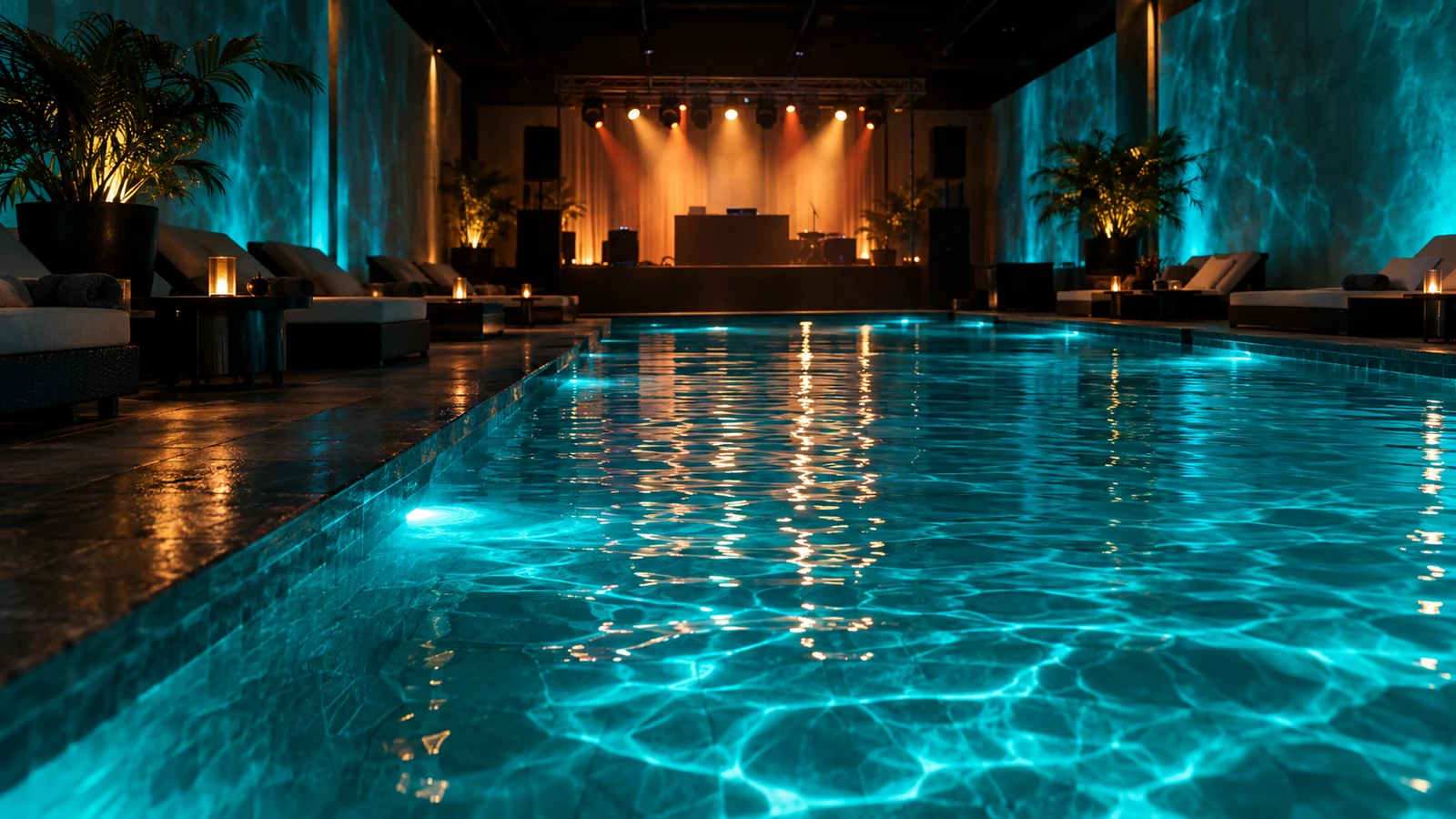 The private pool zone of an upscale Bangkok party venue at night, a lit pool a metre and a half deep with a small stage at one end