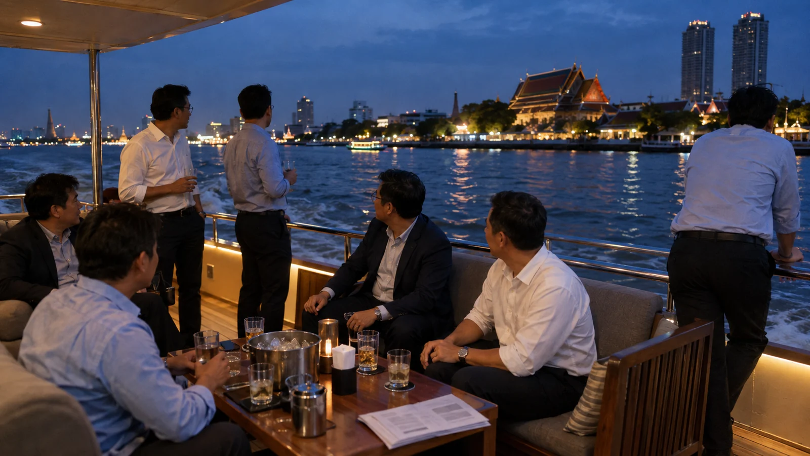A group on a private boat on the Chao Phraya in the evening, the city lit behind them