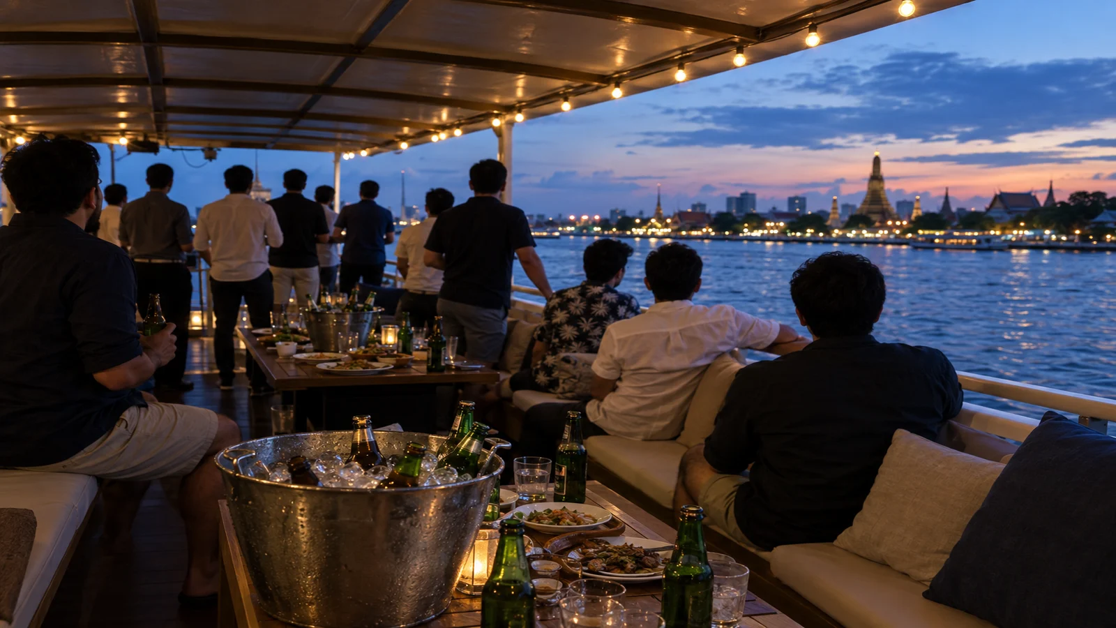 The covered deck of a private charter boat on the Chao Phraya at dusk with a group around low tables