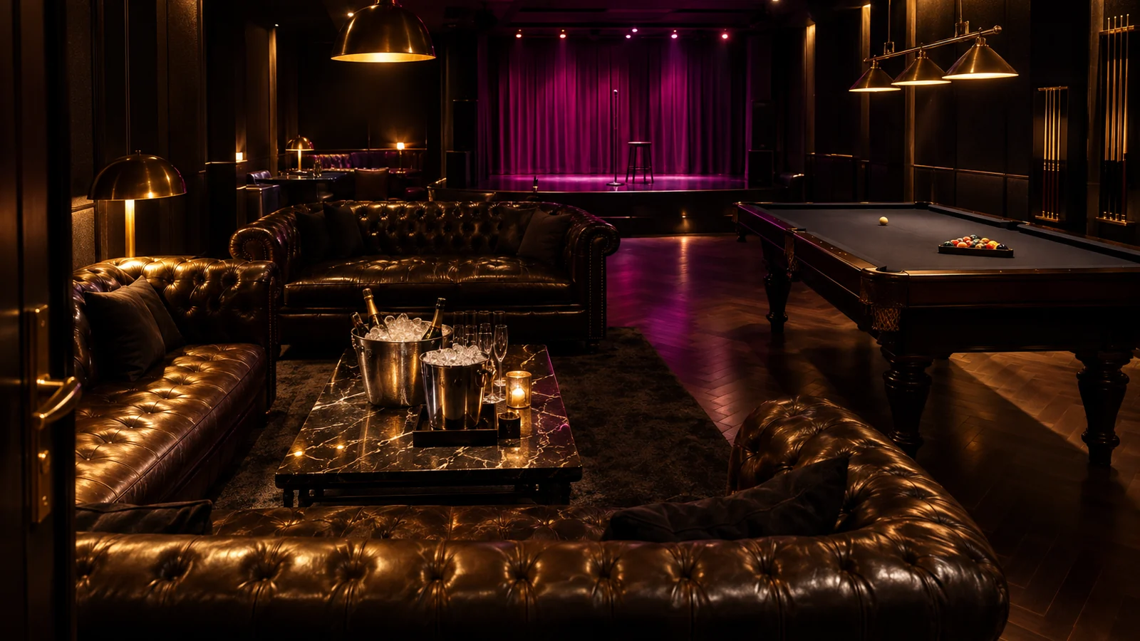 A private party room in Bangkok set and lit before the group arrives, sofas squared off and the pool table clear