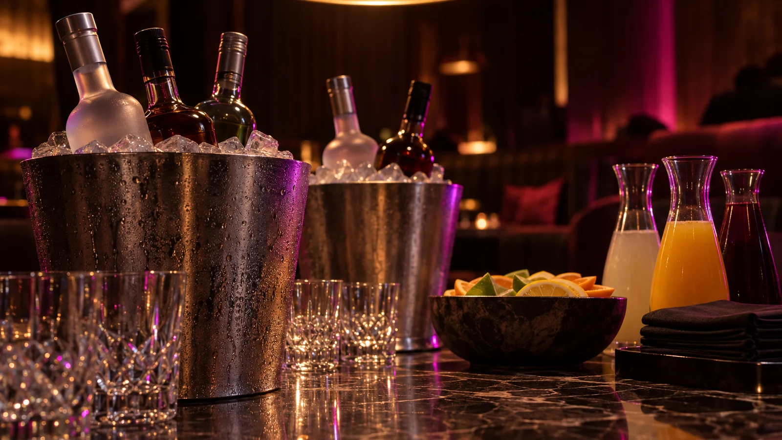Spirit bottles standing in two steel ice buckets on a marble table in a private club room, with cut tumblers and mixers in glass carafes