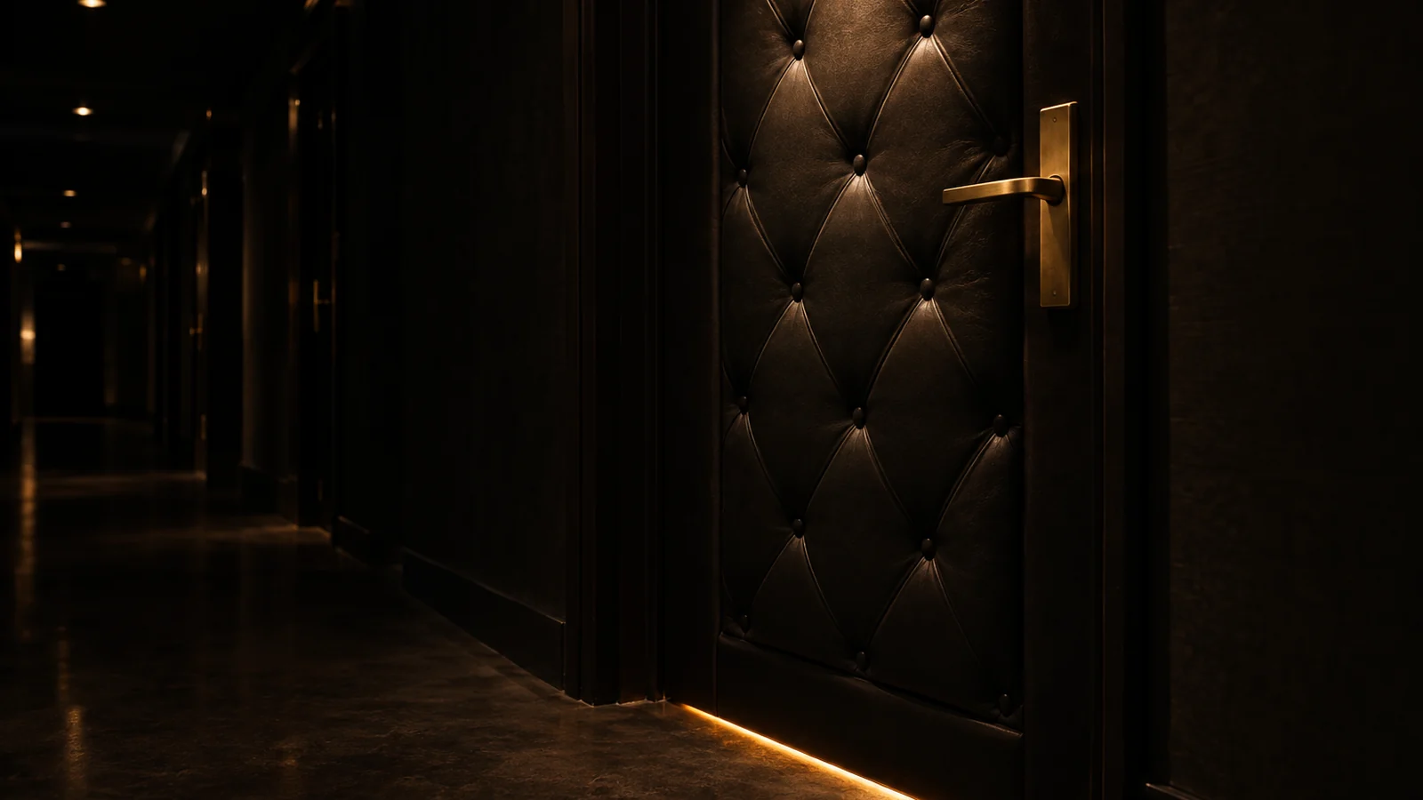 A padded leather private-room door standing closed in a dim club corridor in Bangkok, with warm light escaping along the bottom edge