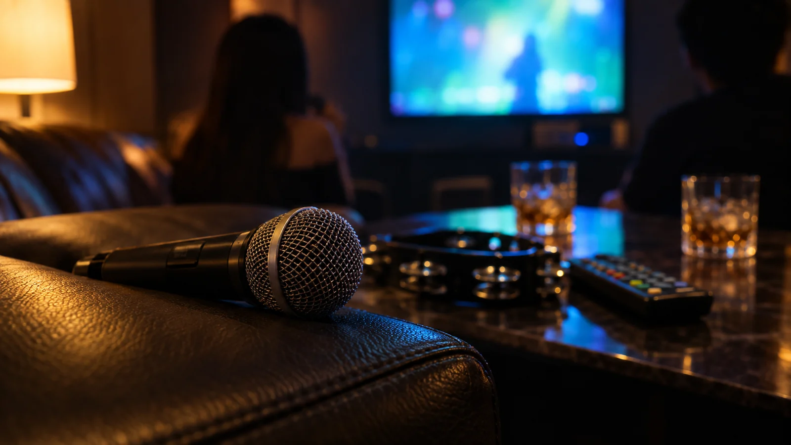A wireless microphone resting on the arm of a dark leather sofa in a private karaoke room in Bangkok, a tambourine and a song remote beside it