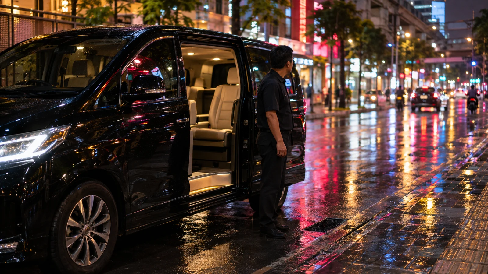 A black passenger van with its side door open and a driver waiting beside it on a wet Bangkok street at night