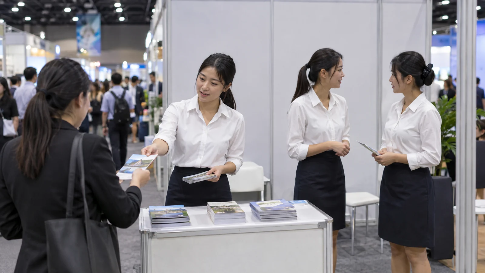 Three promotional staff in white blouses and dark skirts working a small trade-show booth in a Bangkok exhibition hall