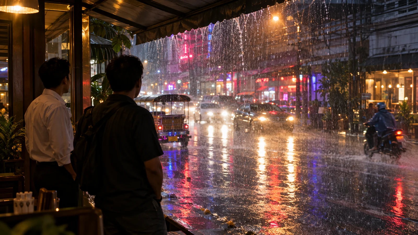 Heavy tropical rain on a Bangkok street at night seen from a sheltered doorway, two men waiting under the awning