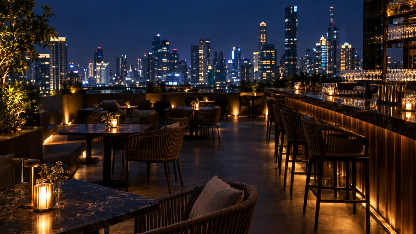 An upscale Bangkok rooftop bar bought out for a private group, candles lit on set tables and nobody at the bar