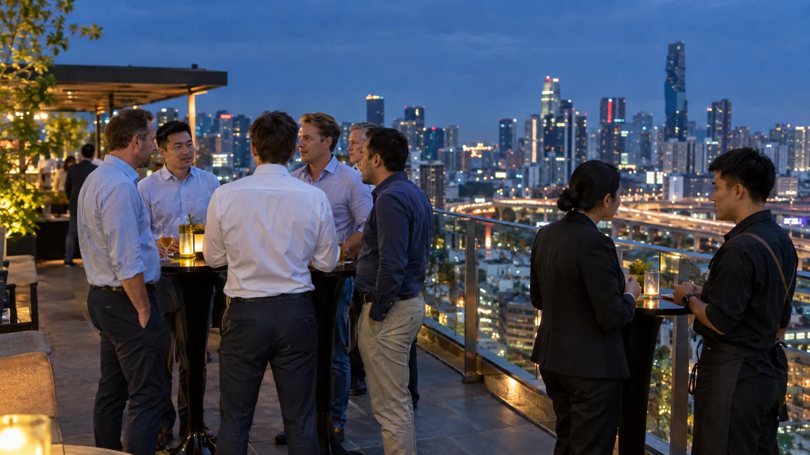 A group of eight men standing at tall tables on a Bangkok rooftop bar terrace at dusk, with the lit skyline and an expressway below