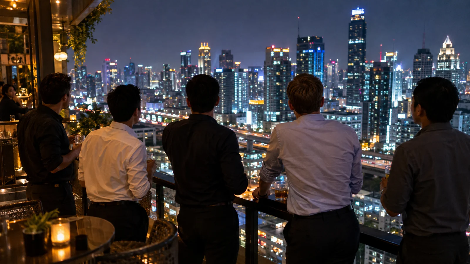 Five men at the rail of a high open-air rooftop bar looking out over the lit Bangkok skyline at night