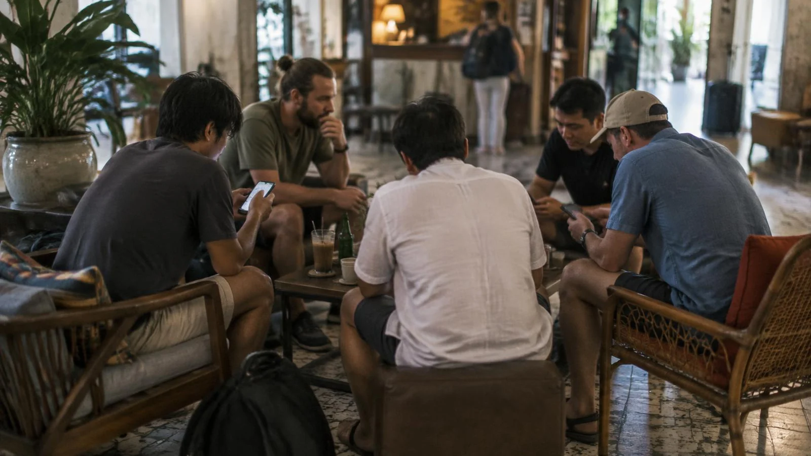 Five men sitting with phones and drinks around a low table in a Bangkok hotel lobby, planning a trip