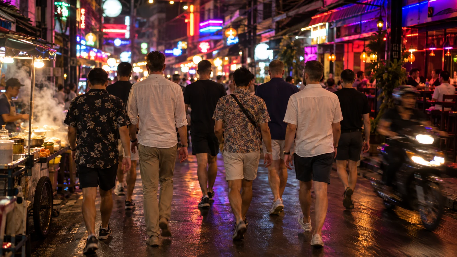 A loose group of eight men seen from behind walking down a narrow Bangkok bar street after midnight
