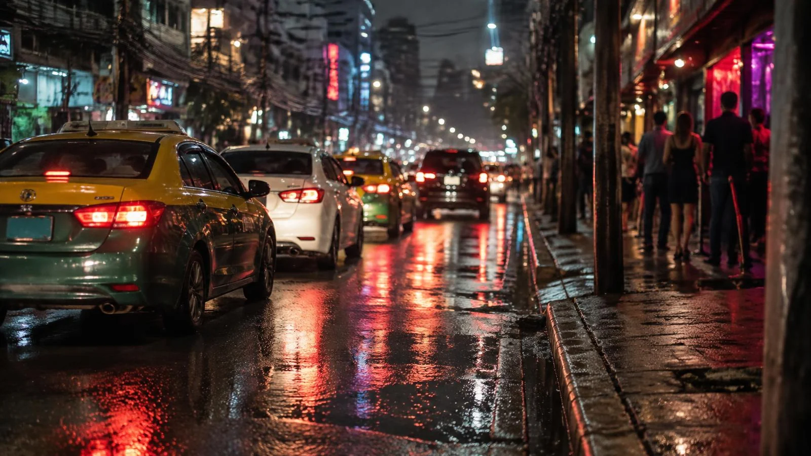 Cars and taxis queued on a wet Bangkok street outside a club in the early hours