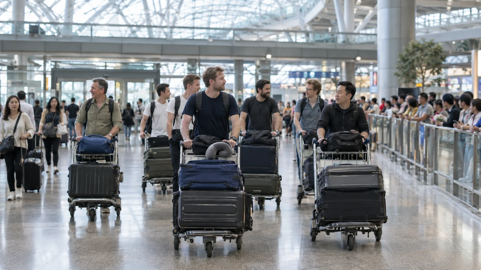 A group of arriving travellers with luggage walking through the arrivals hall at Bangkok Suvarnabhumi Airport
