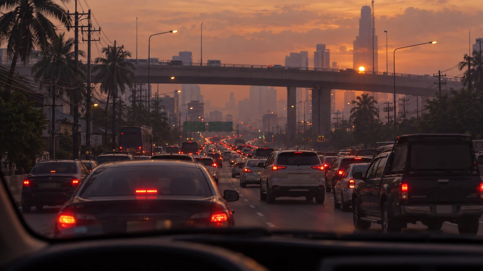 Stationary traffic on a Bangkok expressway at dusk