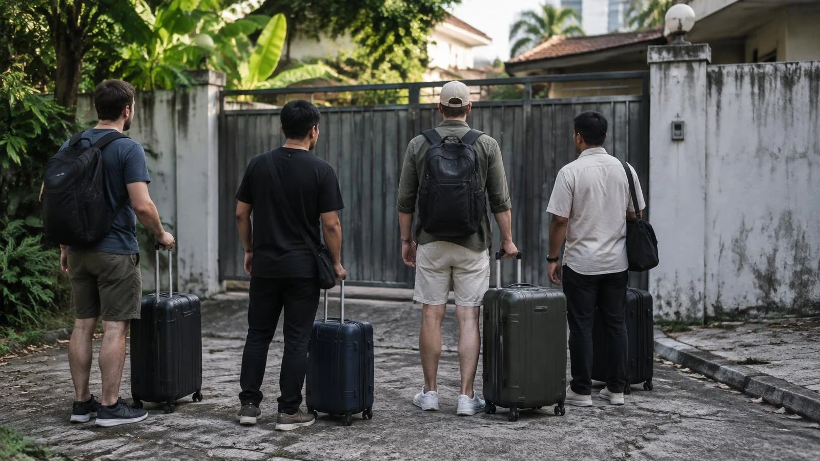 A group of men standing with suitcases at the closed gate of a walled villa